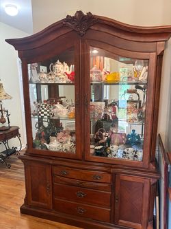 Large 7ft Lighted Wood China Cabinet & Hutch