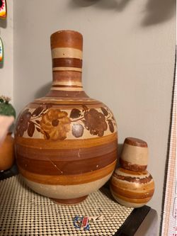 Vintage Mexican Artisan Pottery Topsy Turvy Carafe/Tumble  decanter Hand painted Clay Vase Water Jug Cantata Vessel folk floral