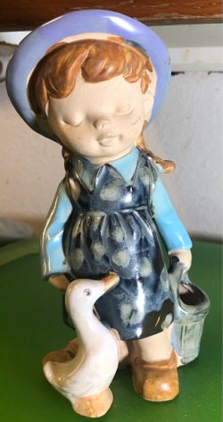 Vintage Hand Painted  6” UCTCI  Pottery Figurine Planter GIRL With Duck