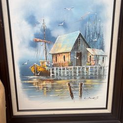 vintage harbor scene oil painting signed by artist L. Alies