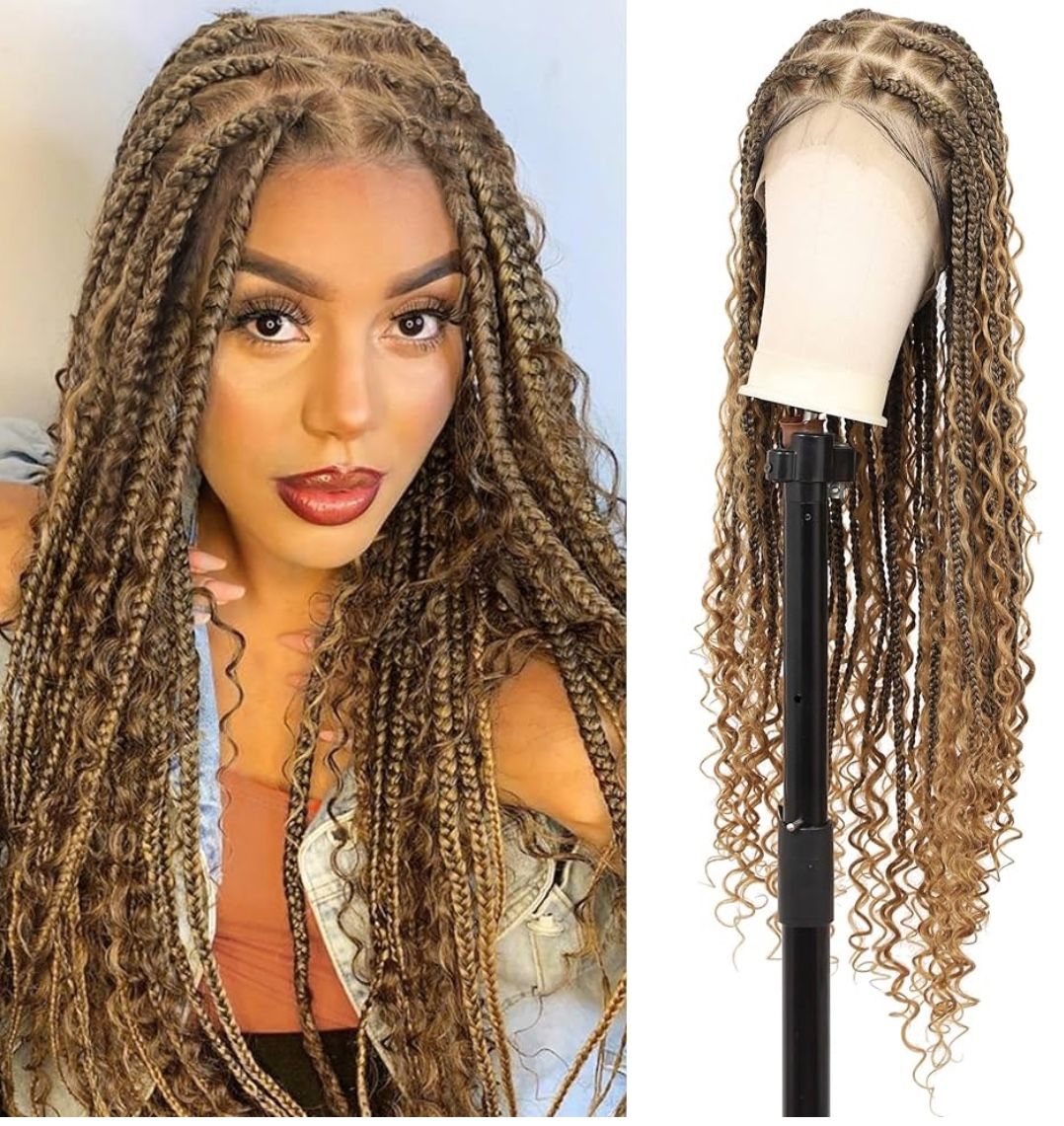 Braided Light Brown Wig With Curly ends Human Hair