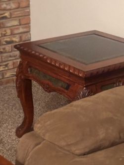 Carved Wood Table with Stone Inlay 4