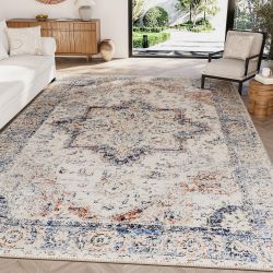 5' x 7' Nonslip, Non Shedding Washable Soft Area Rug, Shades of Ivory, Reds Browns, Blues, NEW
