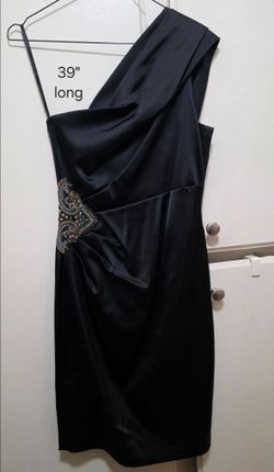 David Meister Black Satin One-Shoulder Cocktail Dress with Beaded Hip - Size 2