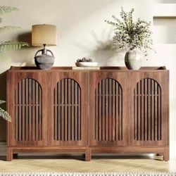 JW0983 New in box 57-Inch Sideboard Cabinet with Adjustable Shelf, Vintage Brown Wooden Buffet with Fence Doors, 2-Tier Large Accent Table for Living 