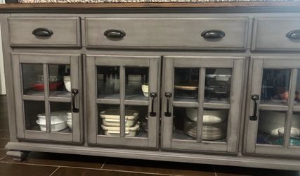 Gray Wood Buffet Sideboard with Glass Doors