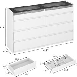 White 8 Drawer Dresser for Bedroom, Modern Chest of Drawers, Jewelry Dresser Display with Glass Top