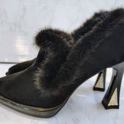 New Genuine-Leather (Suede) Pointy Pumps w/Fur Trim, Side Zipper, Flared Bling Heel