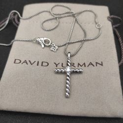 David Yurman Sterling Silver Cable Cross Pendant Necklace with Center Diamond