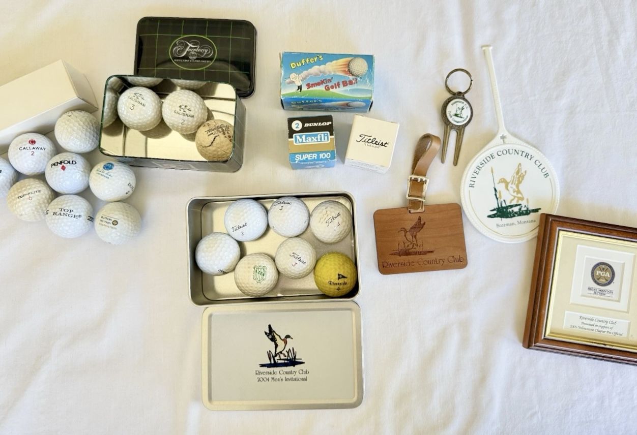 Golf Memorabilia Riverside Golf Balls Tin Divot Titleist Callaway Penfold Golf Lot