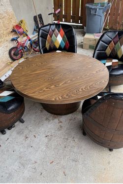 Vintage MCM Whiskey Barrel Chair Set Swirl with Table Diamond Leather Lounge