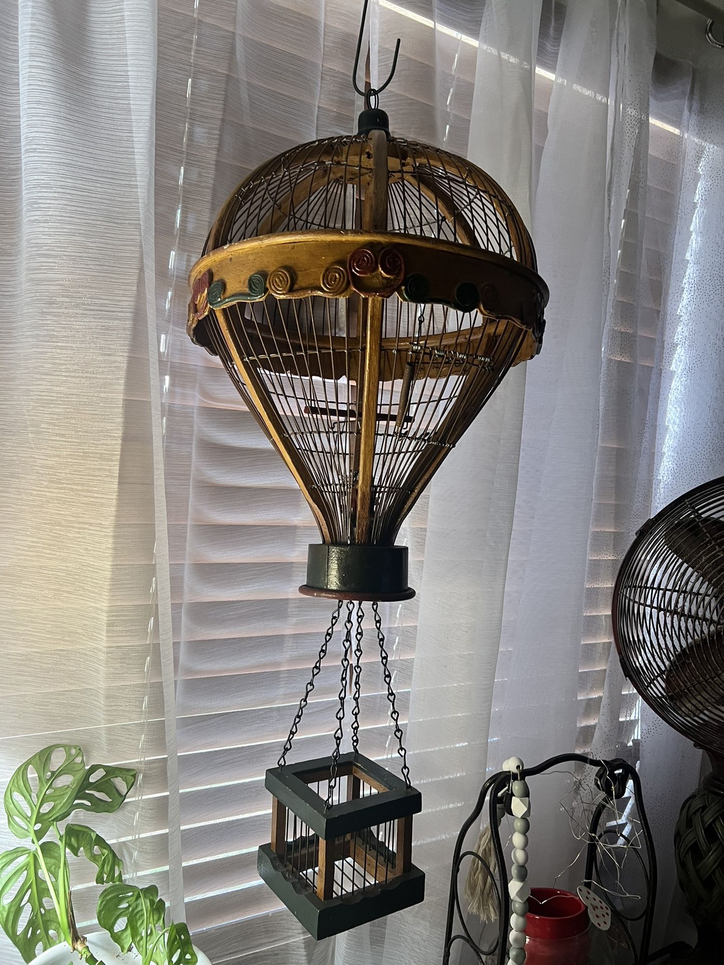 Mid century Wood And Metal Birdcage  With Hanging Basket