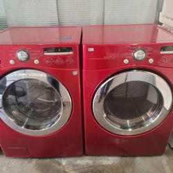 LG Front Load Washer And Stackable Gas Dryer Set  In Red