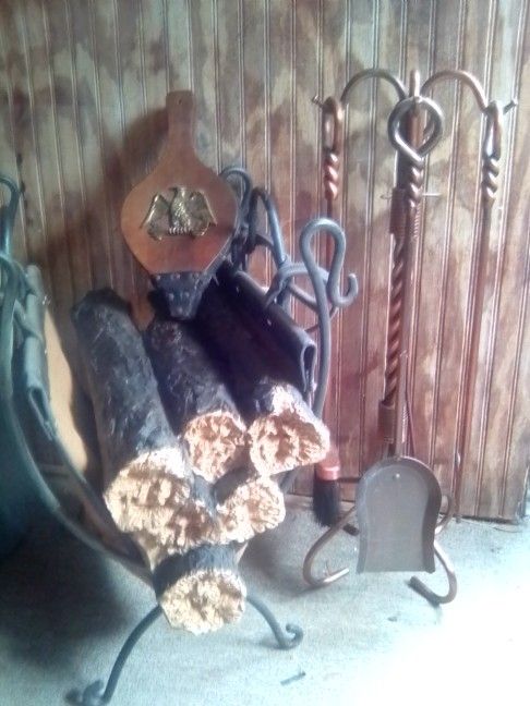 Leather Log Rack Firewood Holder + Bellows Fire Stoker + Fireplace Tools Shovel Poker Broom