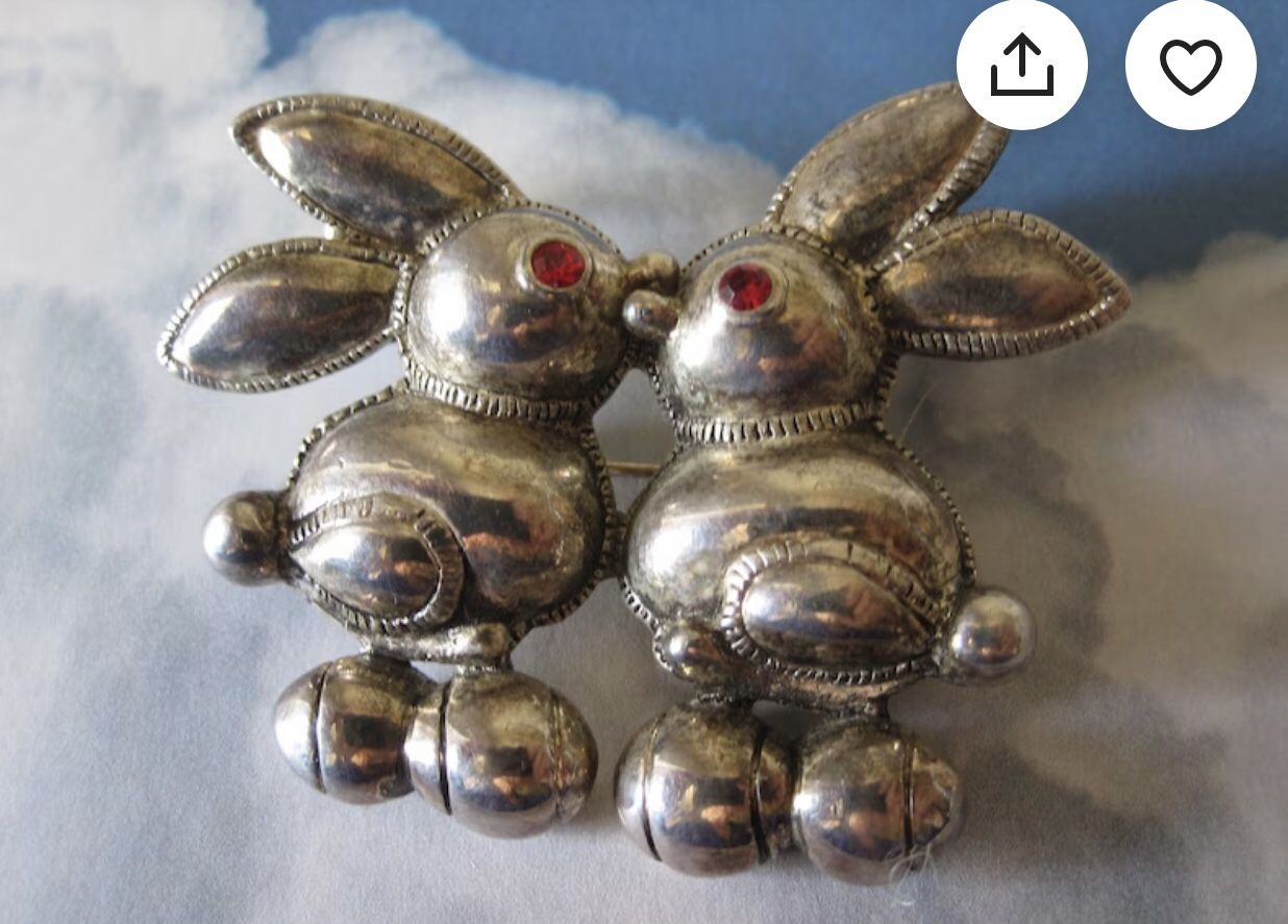 Silver Kissing Bunnies Brooch / Pendant By Best 