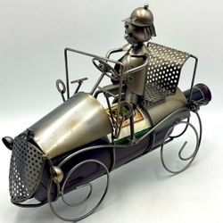 Vintage Hand Crafted Metal Art Sculpture: Classic Car Wine Bottle Holder/ Caddy 