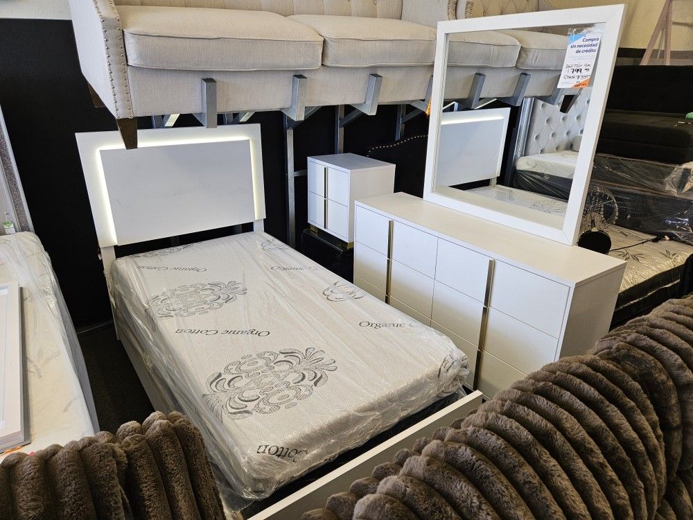 Brand New Twin Size 6 Pcs Bedroom Set Includes Twin Bed, 1 Night Stand, DRESSER, MIRROR, BOXSPRING & 6 INCH MEMORY FOAM MATT $949