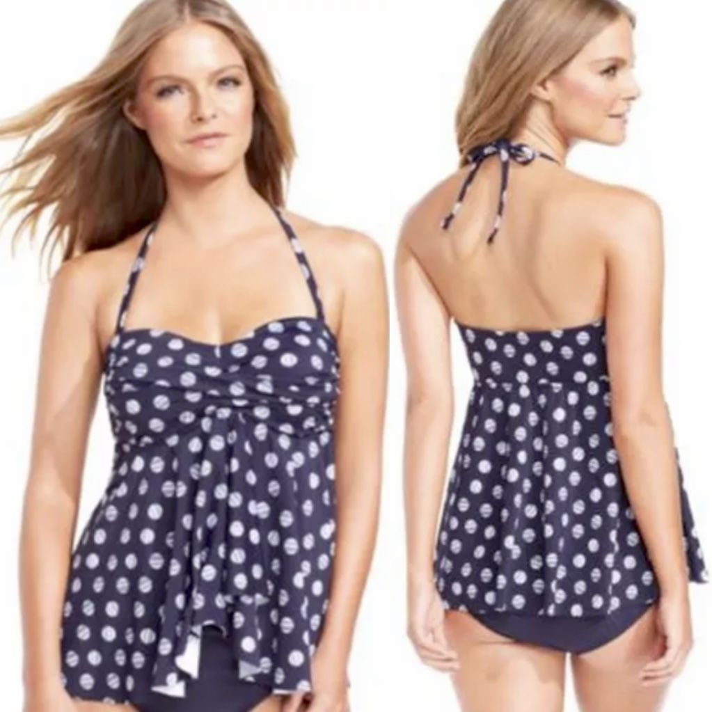 INC polka dot halter tankini top Size 8 navy/blue