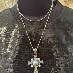 Vintage Rare Merav Thailand 925 Marble Pearl Abalone Cross Pendent Necklace