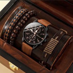 Men Watch Luxury Bracelet Set Fashion Business Brown Leather Quartz Wrist Watch