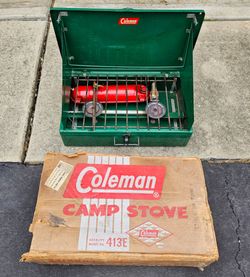 Vintage Coleman 413E 2 Burner Camp Cooking Stove Powerhouse With Original Box