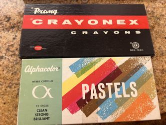 Vintage Art Supplies Alphacolor Pastels 12 and Prang Crayonex Crayons 24 almost New