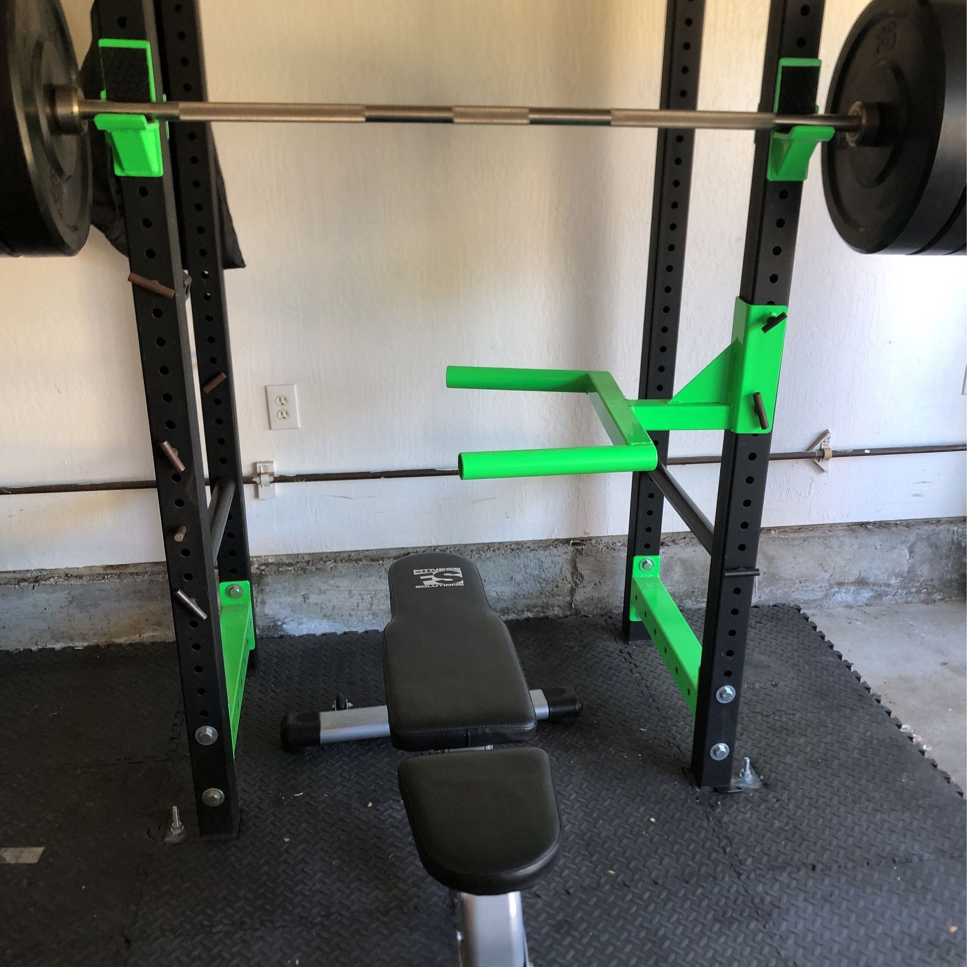 Beast Metals Squat Rack W/ Bumper Weights, Bag, Dip Bar Attachment, And Bench