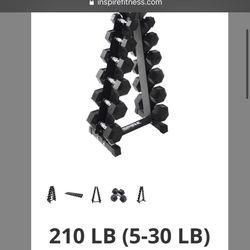 Rubber Hex Dumbbells 210lb Set With Rack