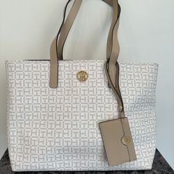 Tommy Hilfiger White and Tan Leather Large Size Purse/Tote Bag