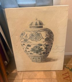 This piece is titled "Antique Chinese Vase I" by artist Melissa Wang, featuring a detailed ginger jar design on stretched canvas