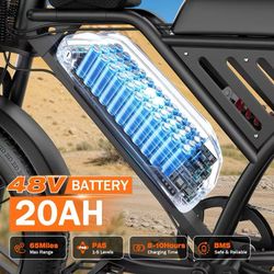 27.9 mph 20*4.0 big wheel electric mountain bike, 749W 65 miles, 48V 20Ah