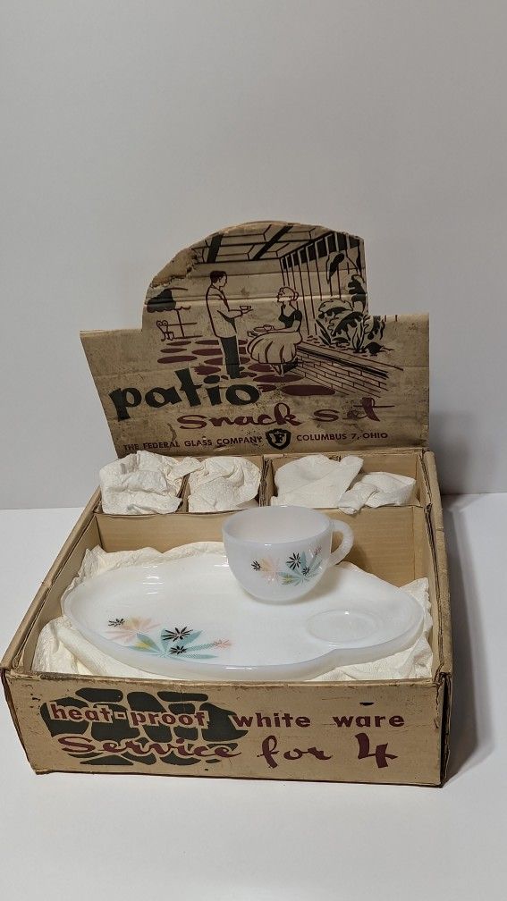 1950s Federal Glass Patio Snack Set Atomic Starburst Design Original Box