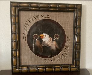 Native American Folk Art Eagle Shadow Box Wood And Glass