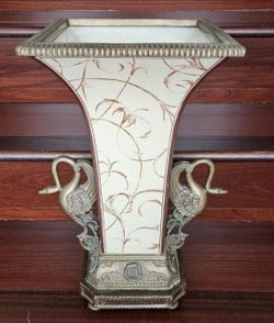 Large Vintage Castilian Enamel Porcelain and Brass Swans Vase 17" Home Decor