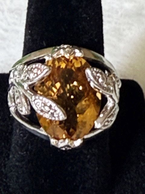 New, Custom Made, 925 Sterling Silver Leaf Motif, oval 12x16mm Madeira Citrine in a Bezel Mounting, Size 7