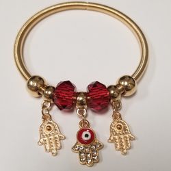 Hamsa Evil Eye Gold Charm Braclet with Red Beads and Dangels