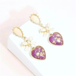 New Mauve Princess Heart Drop Purple Gold Flake Ribbon Pearl Bow Dangle Earrings