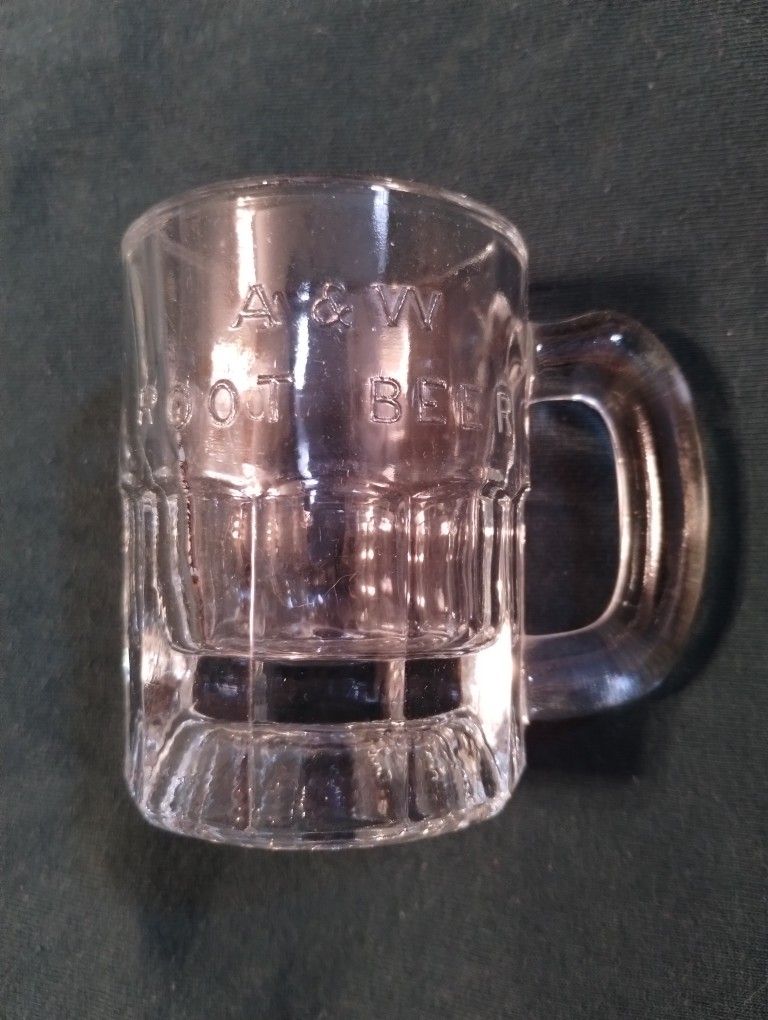 Vintage A&W Root Beer mini mug, clear glass, raised letters, 3"