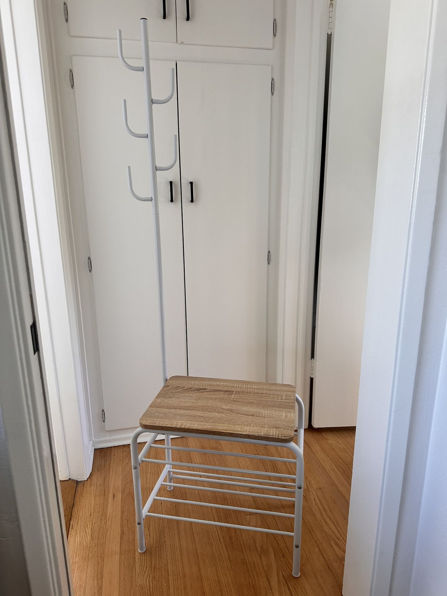 Entryway Coat & Shoe Bench Rack – White metal frame & tan bench top