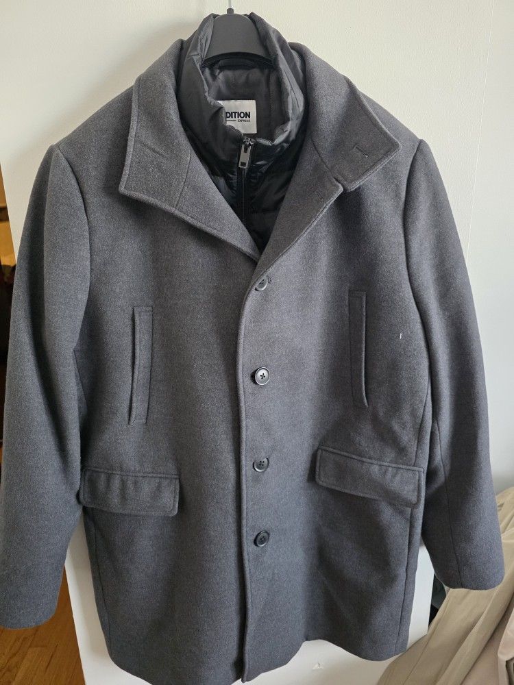 Express men's gray single-breasted wool blend coat with a zip-up bib insert.