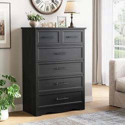 Black 6 Drawer Dresser for Bedroom, 44" Tall Chest of Drawers Brushed Metal Handles, Unique Base Design, Replicated Wood Grain Finish, Modern Farmhous