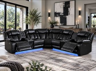 Black Leather Sectional Recliner Sofa with LED