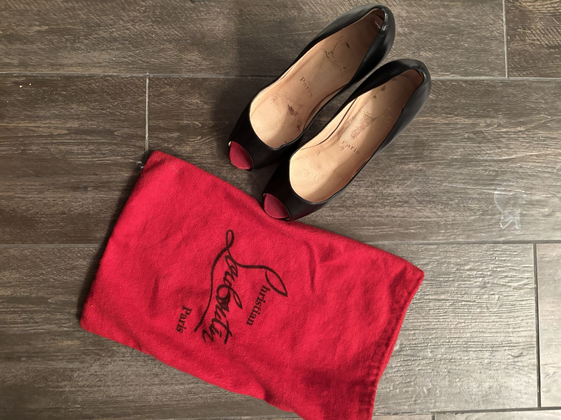 Christian Louboutin Black Leather Peep Toe Heels- Size 36