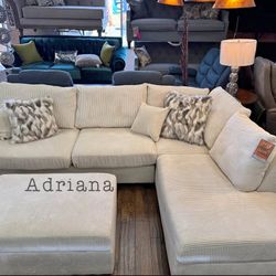 New! 3-pc Sectional Sofa With Storage Ottoman Ivory Corduroy 
