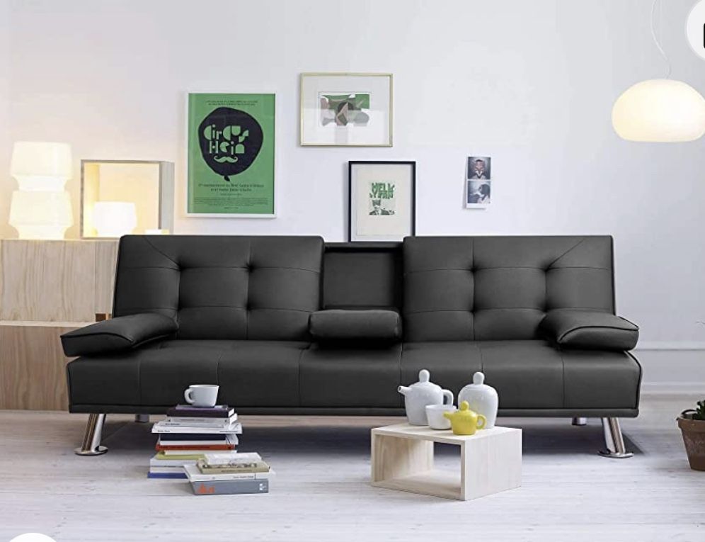 Flamaker Futon Sofa Bed Modern Faux Leather Couch, Convertible Folding Recliner Lounge Futon Couch for Living Room with 2 Cup Holders with Armrest