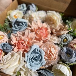 a Box Of Multicolor Blue Peachy Pink Ivory Artificial Flowers Roses Peonies Dahlias for Wedding DIY, Baby Shower, Bridal Shower, Birthday 
