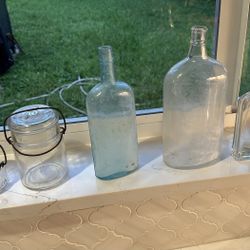 Antique Bottles And Mason jars With Lids 