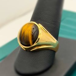 14k solid yellow gold 4Ct oval Tiger Eye stone ring sz11