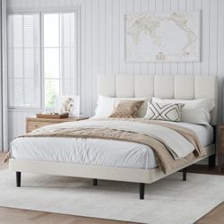 Queen Size Bed Frame with Headboard – Queen Bed Frame, Strong Wooden Slats, Noise-Free, Easy Assembly, No Box Spring Required (Beige, Queen)