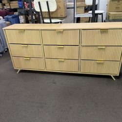 63in W x 15.7in D Fluted 9-Drawer Dresser, Natural Wood Tone with Metal Handles, Anti-Tipping Design for Bedroom, Living Room